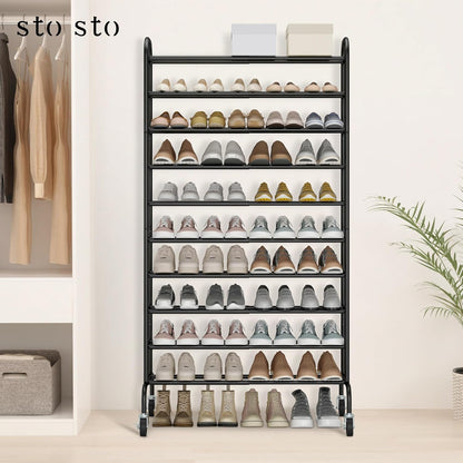 STO STO Expandable Shoe Rack, 3-Tier Metal Small Shoe Rack for Closet, Up to 16 Pairs Adjustable Shoes Racks Storage for Front Door Entrance, Free Standing Shoes Rack Organizer for Entryway, Black