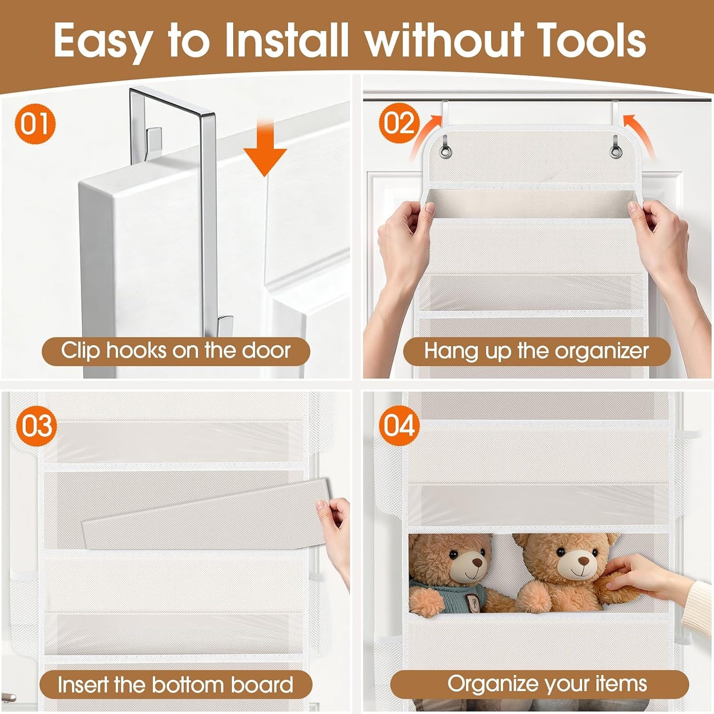 WISELIFE Over The Door Organizer Storage with 4 Large Pockets Door Hanging Organizer with Clear Windows behind The Door Storage for Nursery Bedroom Bathroom Pantry Closet and Baby Essentials Dark Grey