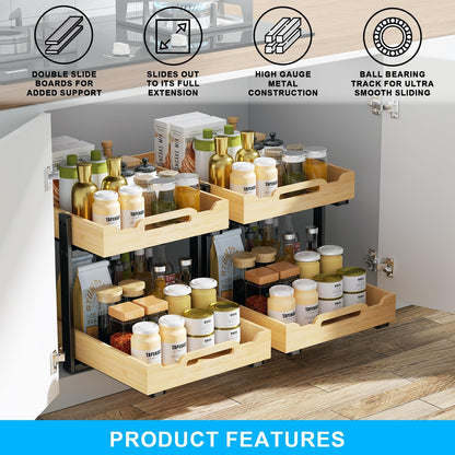 Golener Pull Out Cabinet Organizer - 2-Tier Slide Out Bamboo Drawers for Kitchen Cabinets, Bathroom Organizers and Storage, Under Sink Organizer for Kitchen Storage Organization with Coated Iron Frame