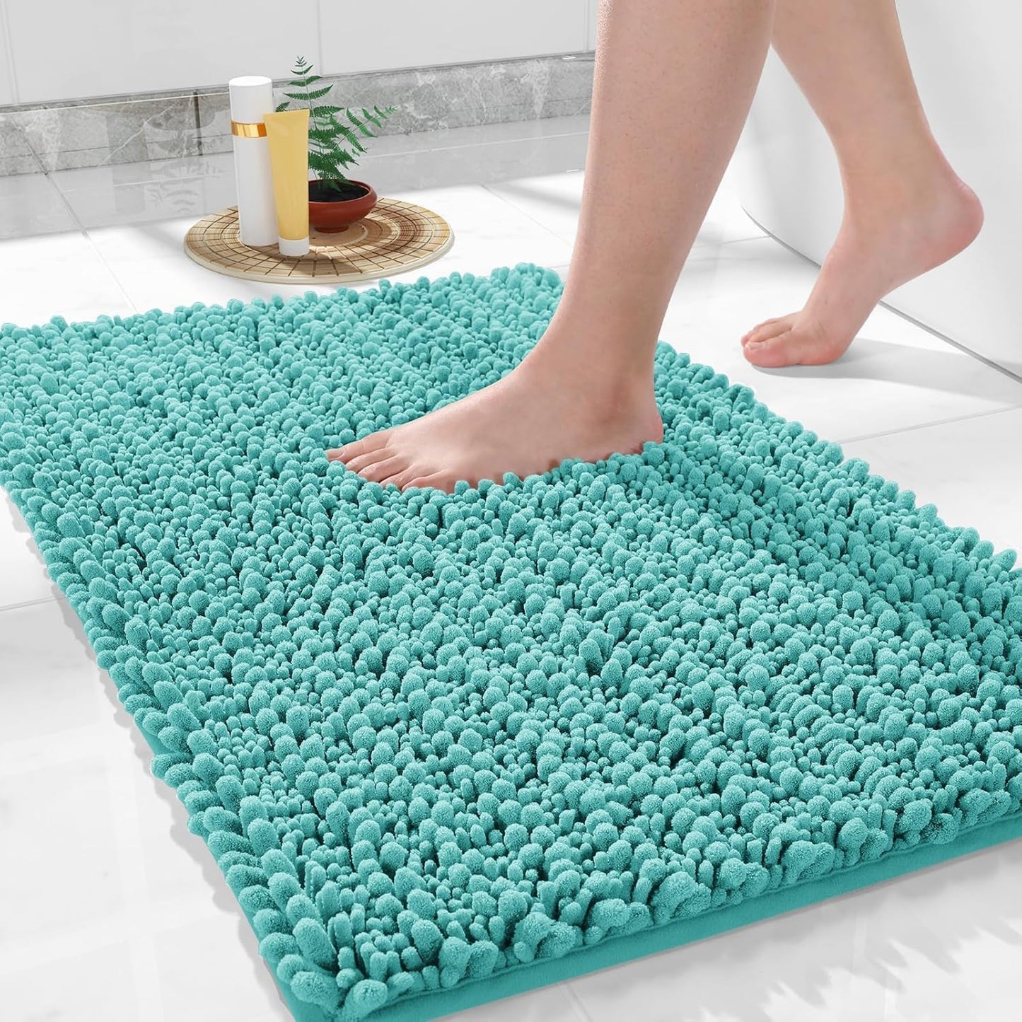 Yimobra Bathroom Rugs Non Slip Washable - Ultra Soft Absorbent Chenille Bath Mat, Quick Dry Shaggy Floor Carpet for Tub Shower, Gray Home Decor Accessories, 24x17 Inch