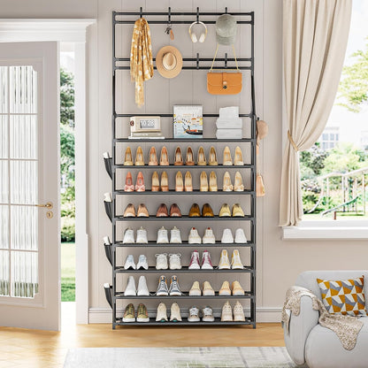 OYREL Shoe Rack, 5 Tier Shoes Storage Organizer, with Functional Hooks and Side Pocket, 20-25 Pairs, for Closet/Entrance/Entryway, Sneaker and Boot Stackable Free Standing Shoe Rack