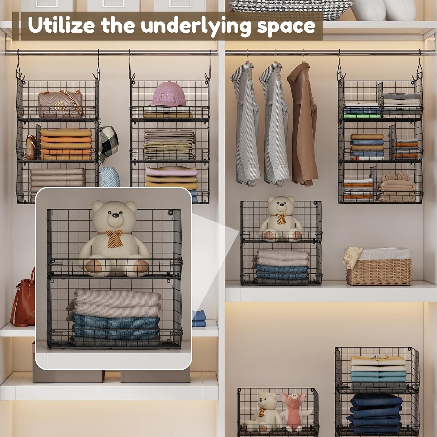 Jautokerdar 4 Tier Hanging Closet Organizer with Dividers,Extra Large Storage Hanging Shelf with 5 S Hooks 4 Dividers,Hang on Wire Closet Shelving Clothes Organizer-Black