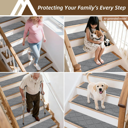 COSY HOMEER Edging Stair Treads Non-Slip Carpet Mat 28inX9in Indoor Stair Runners for Wooden Steps, Edging Stair Rugs for Kids and Dogs, 100% Polyester TPE Backing(4pc, Beige)