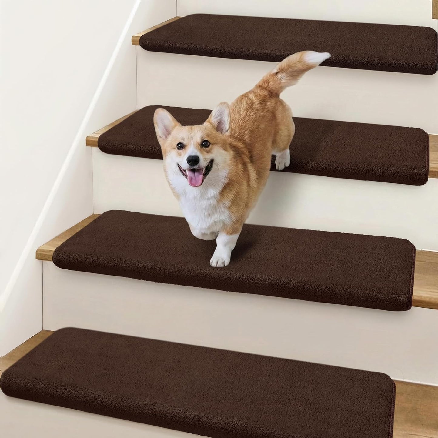 Bullnose Stair Treads Non Slip 9.5" x 32", 14 Pcs Ultra Plush Carpet Stair Treads for Wooden Steps Indoor with Edge Protection, Reusable Peel and Stick TPU Backing Stair Runner Rugs - Beige Gray