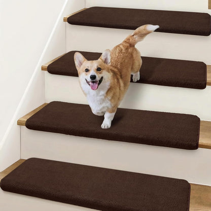 Bullnose Stair Treads Non Slip 9.5" x 32", 14 Pcs Ultra Plush Carpet Stair Treads for Wooden Steps Indoor with Edge Protection, Reusable Peel and Stick TPU Backing Stair Runner Rugs - Beige Gray