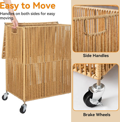 WOWLIVE Laundry Hamper with Wheels, 160L Handwoven Rolling Laundry Basket 3 Section with Lid, Clothes Hamper with Removable Liner Bags, Large Capacity Laundry Sorter Laundry Room Organization, Natural