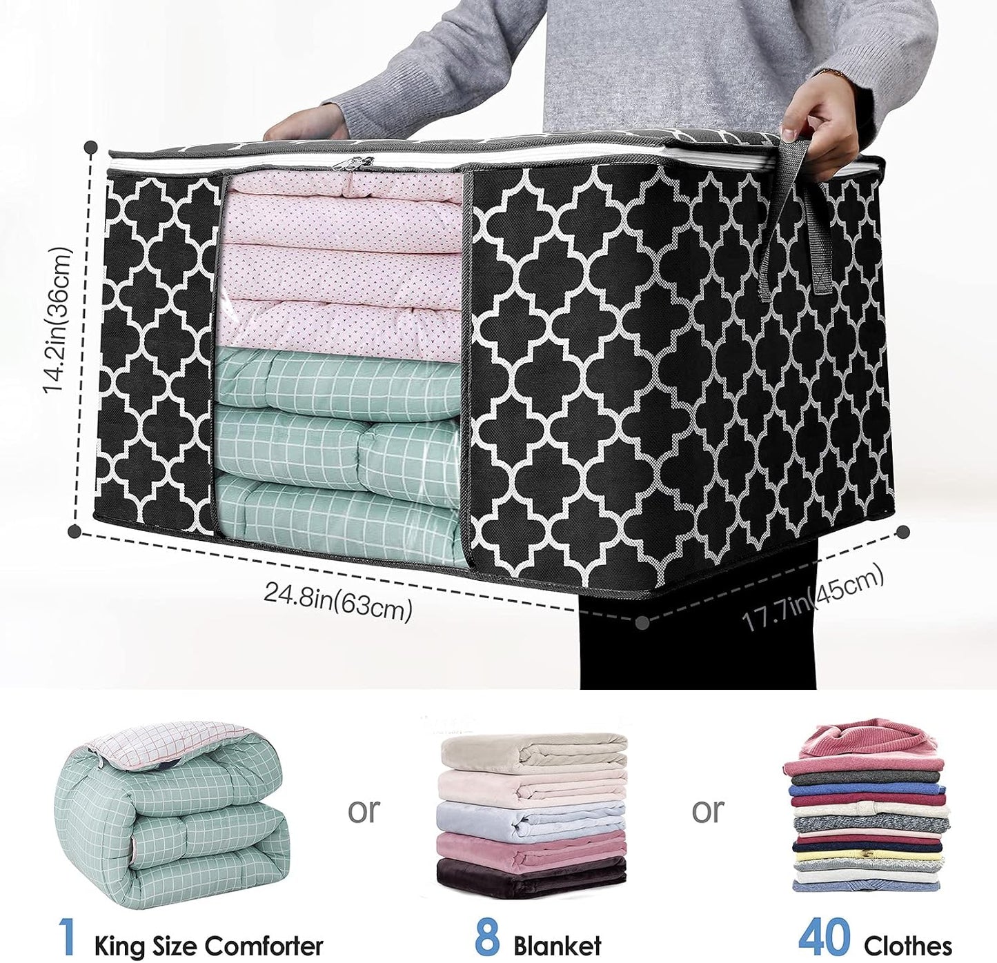 WISELIFE Storage Bags, Large Blanket Clothes Organization and Storage Containers for Bedding, Comforters, Foldable Organizer with Reinforced Handle, Clear Window,Sturdy Zippers,(Grey, 3 x 100L)