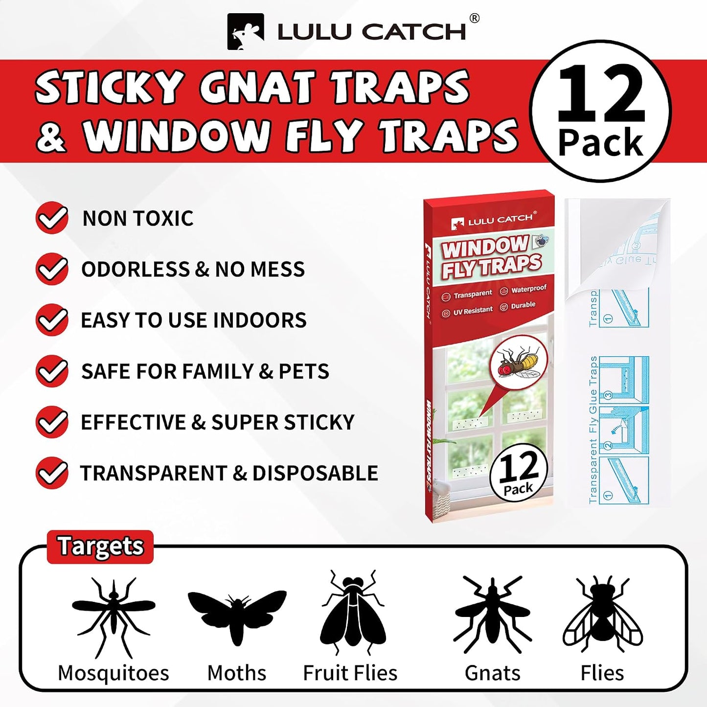 LULUCATCH Window Fly Trap, 24 Pack Fruit Fly Traps for Indoors, Sticky Gnat Trap Bug Trap, Non-Toxic Odorless Flying Insect Trap, Pet Safe Bug Catcher for Fruit Fly, Mosquitos, Fungus & Flying Insect