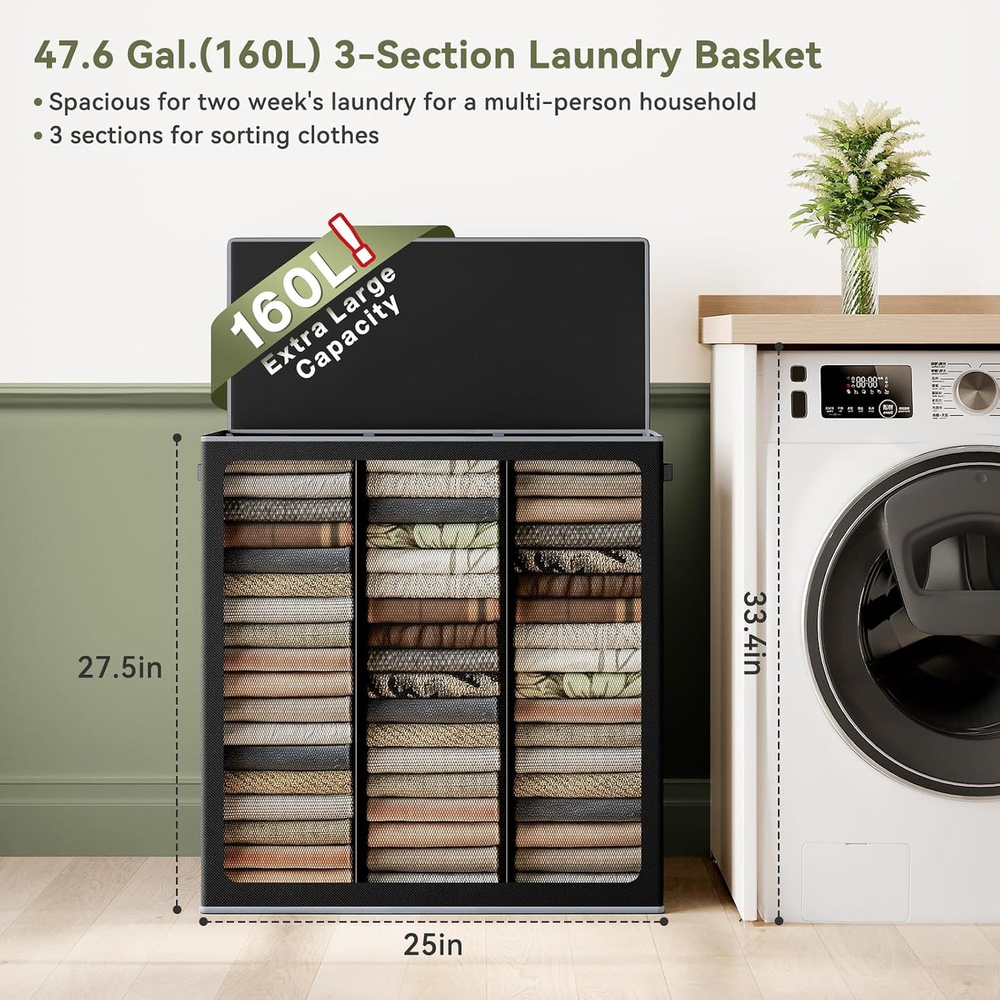 SOLEDI 180L Laundry Hamper 3 Section, Extra Large Laundry Hamper with Lid, Dirty Clothes Hamper with Sturdy Handle, Large Laundry Basket Organizer for Laundry Room, Bedroom, Hampers for Laundry