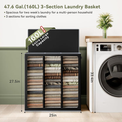 SOLEDI 180L Laundry Hamper 3 Section, Extra Large Laundry Hamper with Lid, Dirty Clothes Hamper with Sturdy Handle, Large Laundry Basket Organizer for Laundry Room, Bedroom, Hampers for Laundry