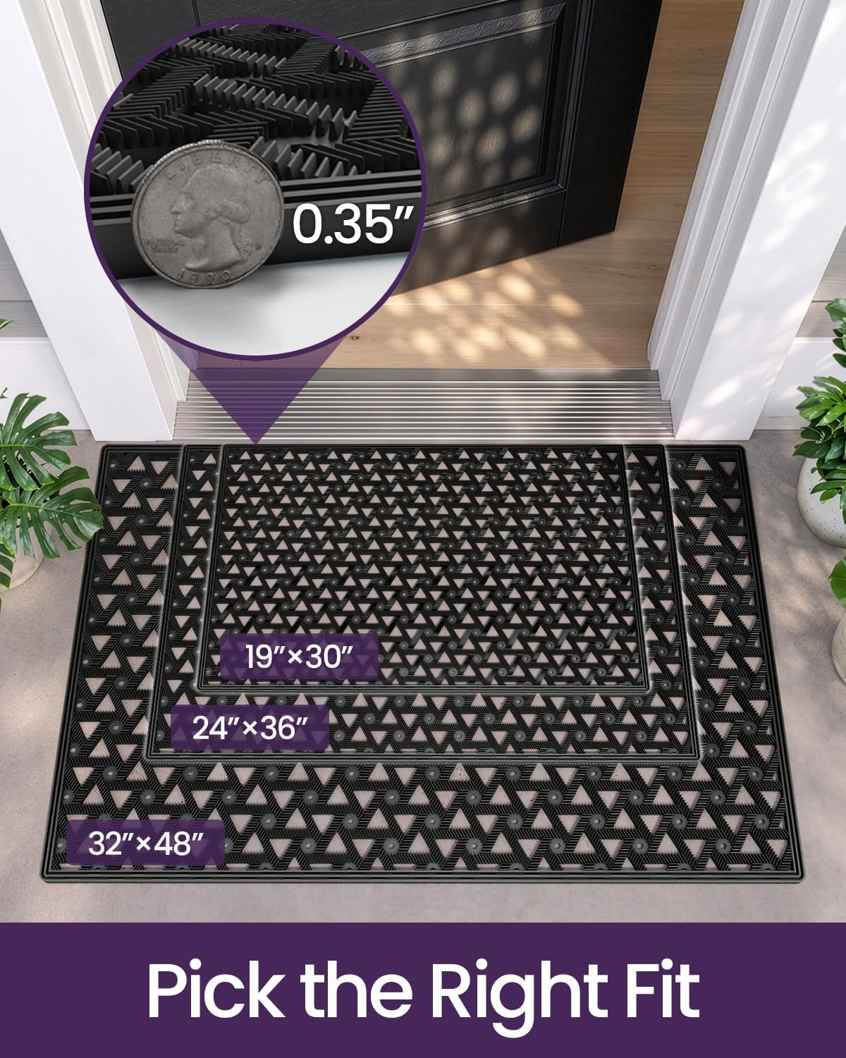 DEXI Front Door Mat Outside Entrance Rubber Floor Doormat, 19x30 Black | Welcome Heavy Duty Non Slip, Dirt Trapper Waterproof Exterior Entry Mats All Weather for Patio Entryway Drainage