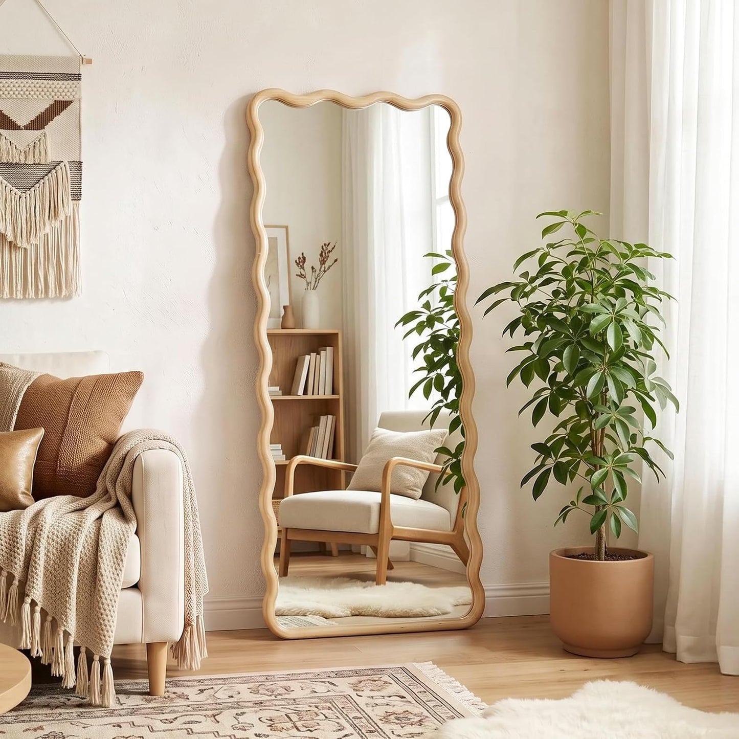 Full Length Mirror, 55"x28" Boho Wavy Wood Floor Mirror, for Bathroom, Bedroom, Living Room, Cloakroom, Entryway