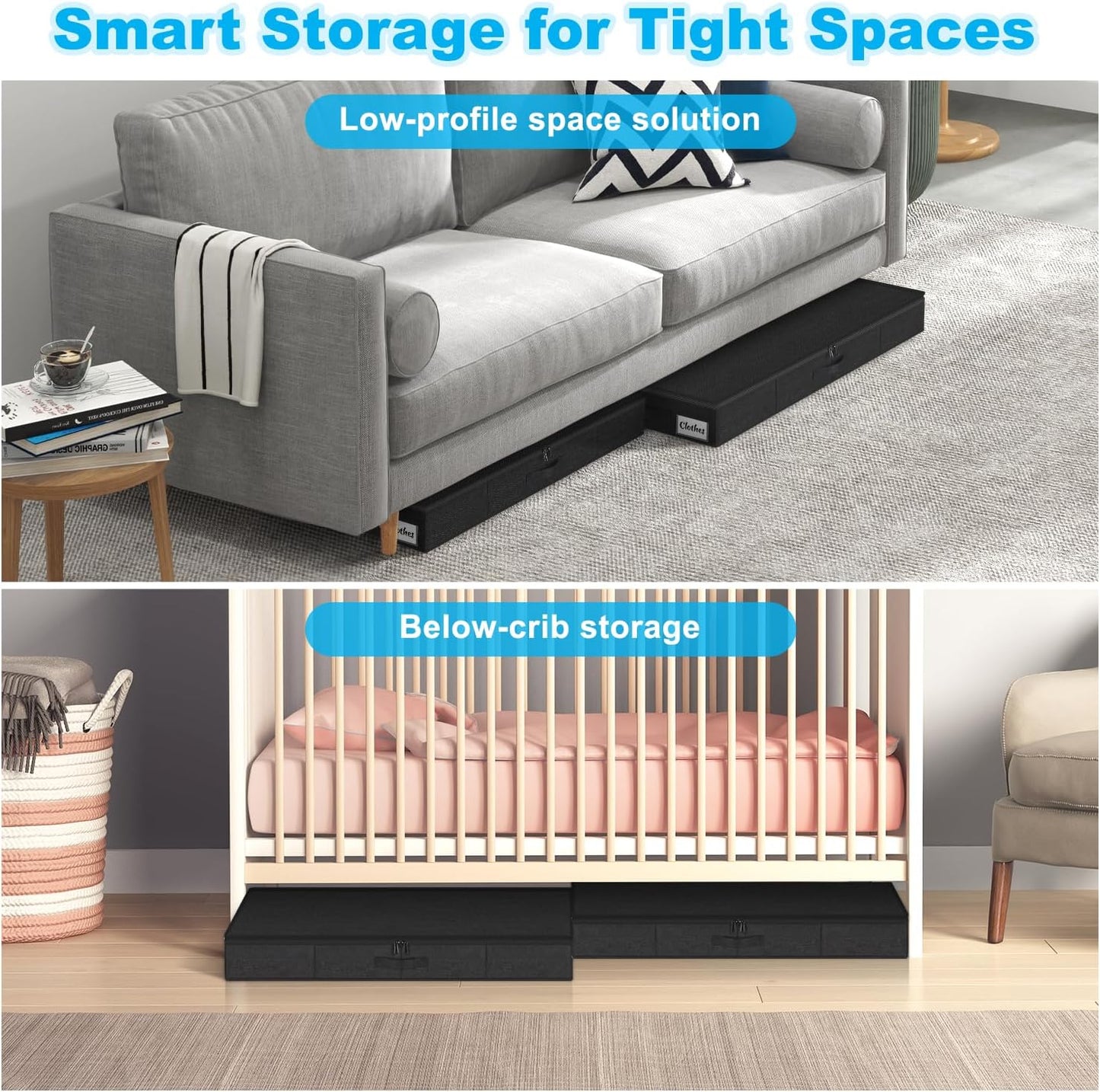 Under Bed Storage Container Bins 2 Pack, Low Profile Foldable Underbed Clothes Storage Organizer W/ Ultra Thick Fabric and Sturdy Bottom/Sides, Dual Zipper Storage Box for Dorm and Home 30x16x6.7"