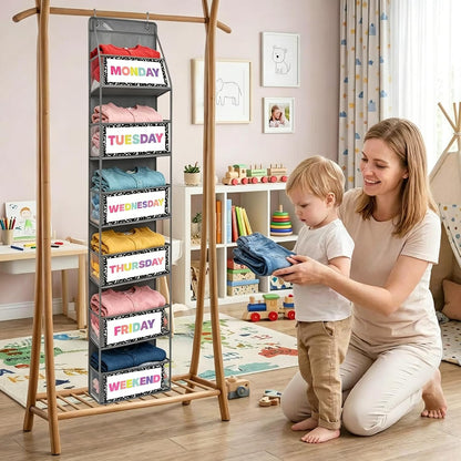 2 Pack Weekly Clothes Organizer for Kids, 6 Shelf Hanging Closet Organizer with Clear Window, Foldable Days of the Week Over the Door Outfit Organizer with Labels for Closet School