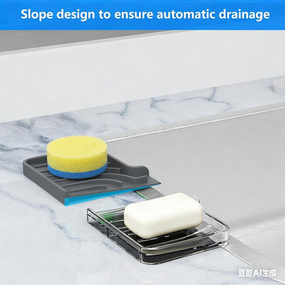 Sponge Holder for Kitchen Sink, Dish Sponge Holder & Soap Tray with Drain, Bathroom Sink Sponge Drying Rack & Perfect Organizer for Dispenser,Bottle,Cup on Sinks or Counter(8"x 4"Gray)