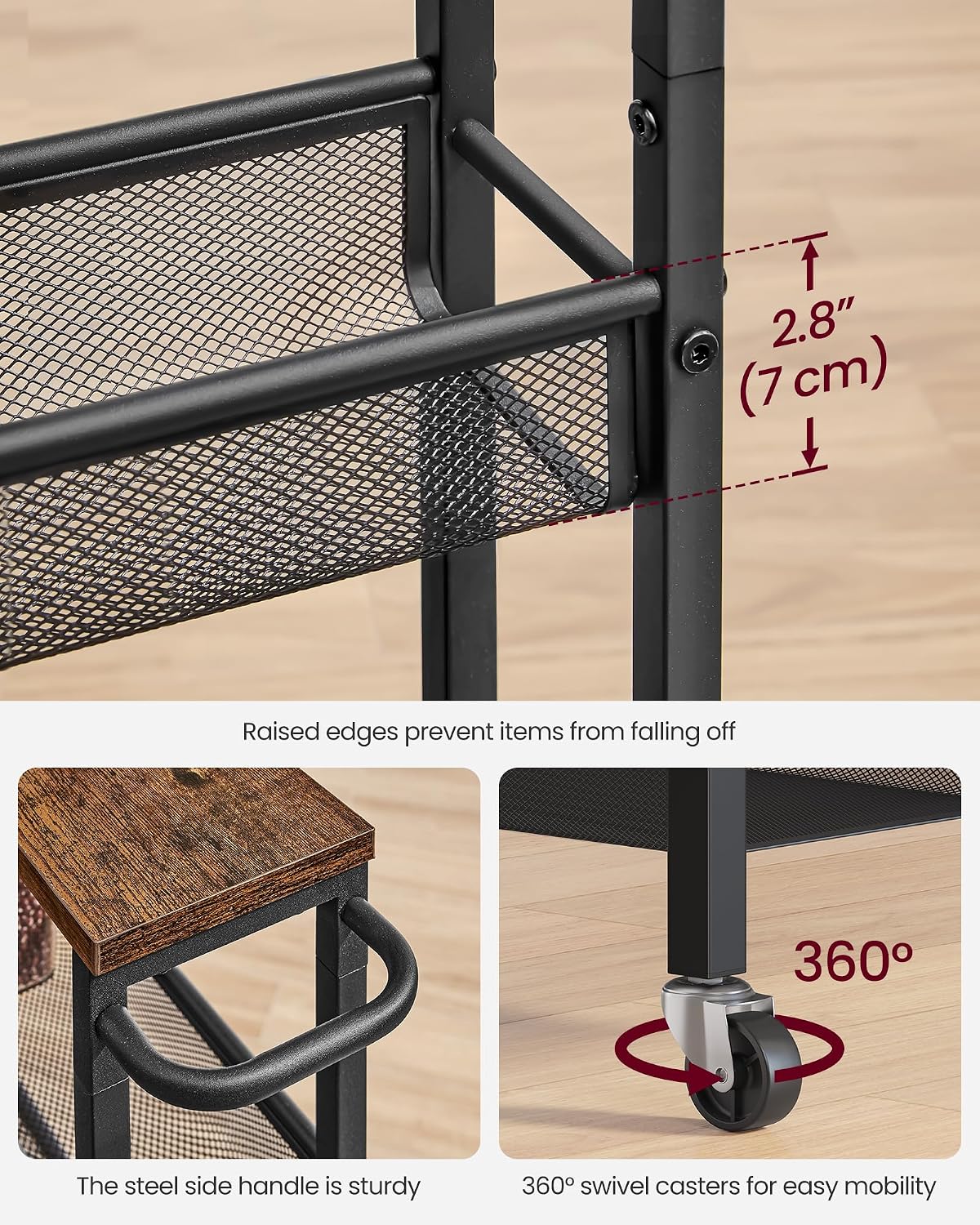 VASAGLE Slim Rolling Cart, 4-Tier Narrow Storage Cart with Handle, 5.1 Inches Deep, Metal Frame, for Kitchen, Dining Room, Living Room, Home Office, Rustic Brown and Classic Black ULRC032B01V1