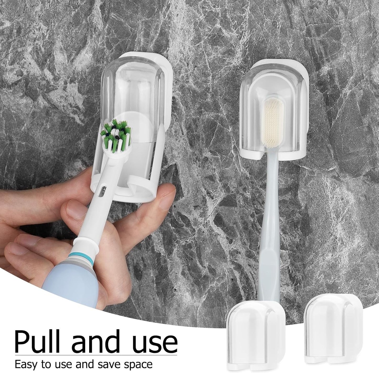 2 PCS Toothbrush Holder Wall Mounted with Cover for Bathroom, Self Adhesive Toothbrush Storage Organizer for Shower, Mini Toothbrush Hanger Rack for Dorm, Cabinet (Black)