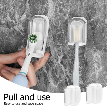 2 PCS Toothbrush Holder Wall Mounted with Cover for Bathroom, Self Adhesive Toothbrush Storage Organizer for Shower, Mini Toothbrush Hanger Rack for Dorm, Cabinet (Black)