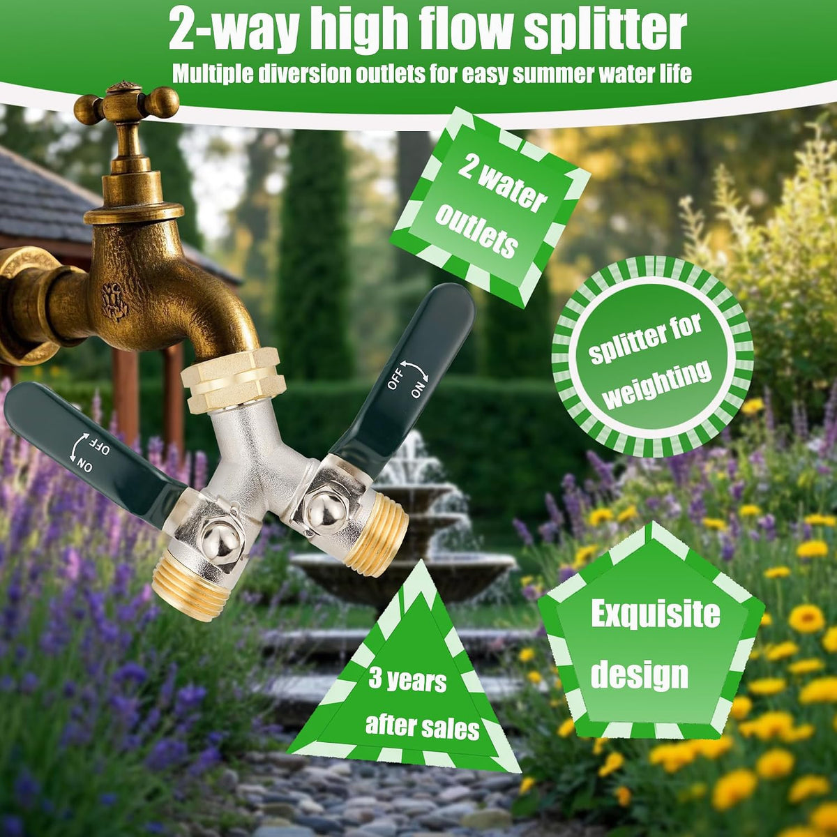 EJW Hose Splitter, 2 Way Hose Splitter, Garden Hose Splitters,Faucet Splitters, Outdoor Faucet Splitter, 2 Way Hose Connector,Brass Splitter, 3/4” GHT Threads.