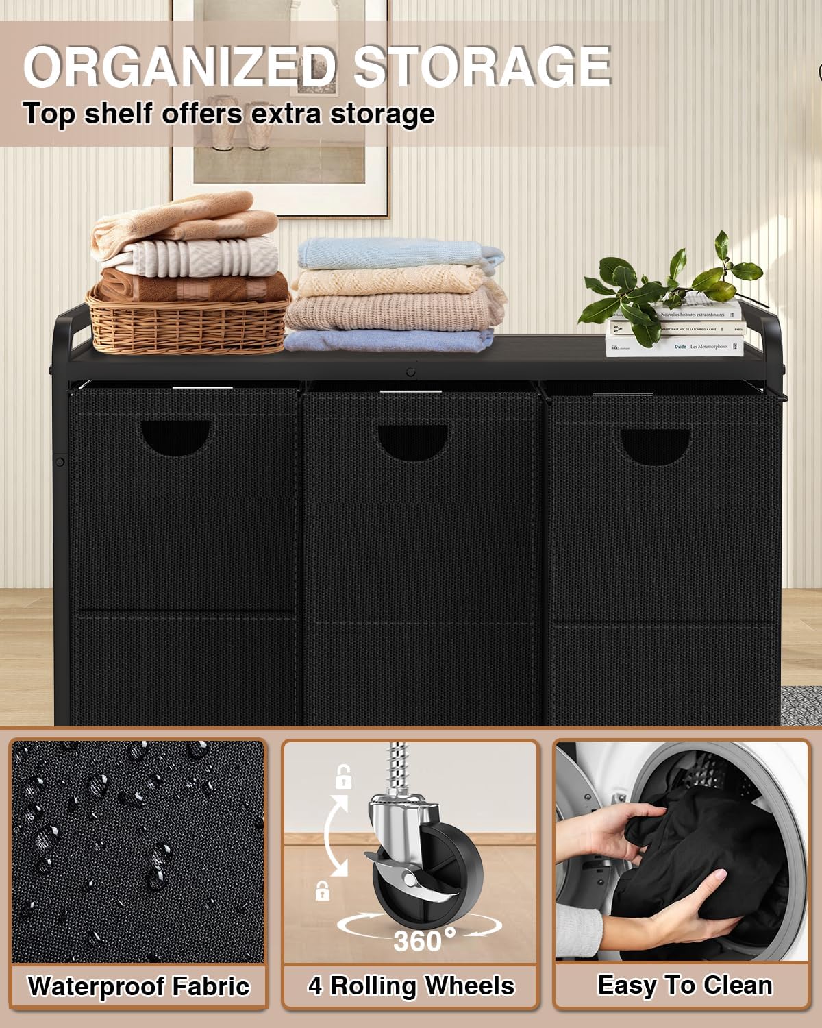Laundry Sorter 3 Section,Laundry Basket with Wheels,3×15.8 Gal (60L) Laundry Hamper Organizer with Large Wooden Desktop Sorter,Pull-Out and Removable 900D Oxford Fabric Laundry Bags for Laundry Room