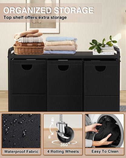 Laundry Sorter 3 Section,Laundry Basket with Wheels,3×15.8 Gal (60L) Laundry Hamper Organizer with Large Wooden Desktop Sorter,Pull-Out and Removable 900D Oxford Fabric Laundry Bags for Laundry Room