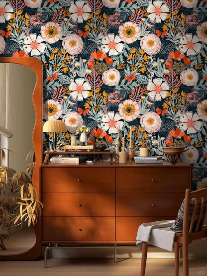 HAOKHOME Boho Peel and Stick Wallpaper Floral Wall Paper Removable for Bedroom Navy/Pink/Orange Contact Paper 17.7in x 9.8ft