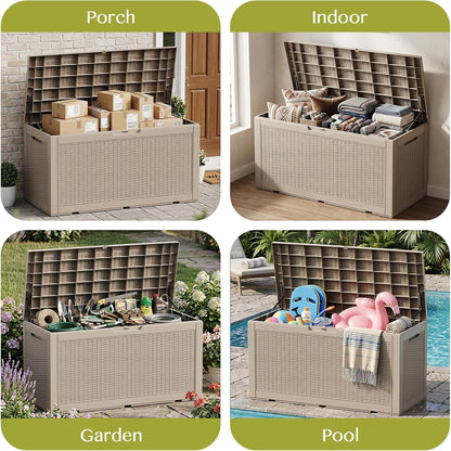 Waterproof Outdoor Storage Box Outside Deck Box Lockable Resin Bench UV Resistant Furniture Cushion Pool Tool Float Bin Patio Garden Porch (Black, 120 Gallon)