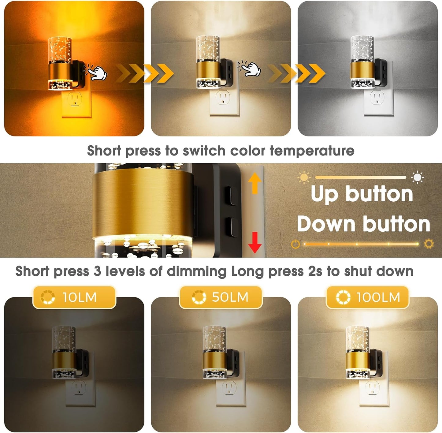 L LOHAS LED Night Light,Dimmable Night Lights Plug into Wall, 2 Pack Acrylic Nightlight with 0-100 LM Adjustable Brightness, 3000K Plug in Night Light with Dusk to Dawn Sensor, for Bathroom Hallway