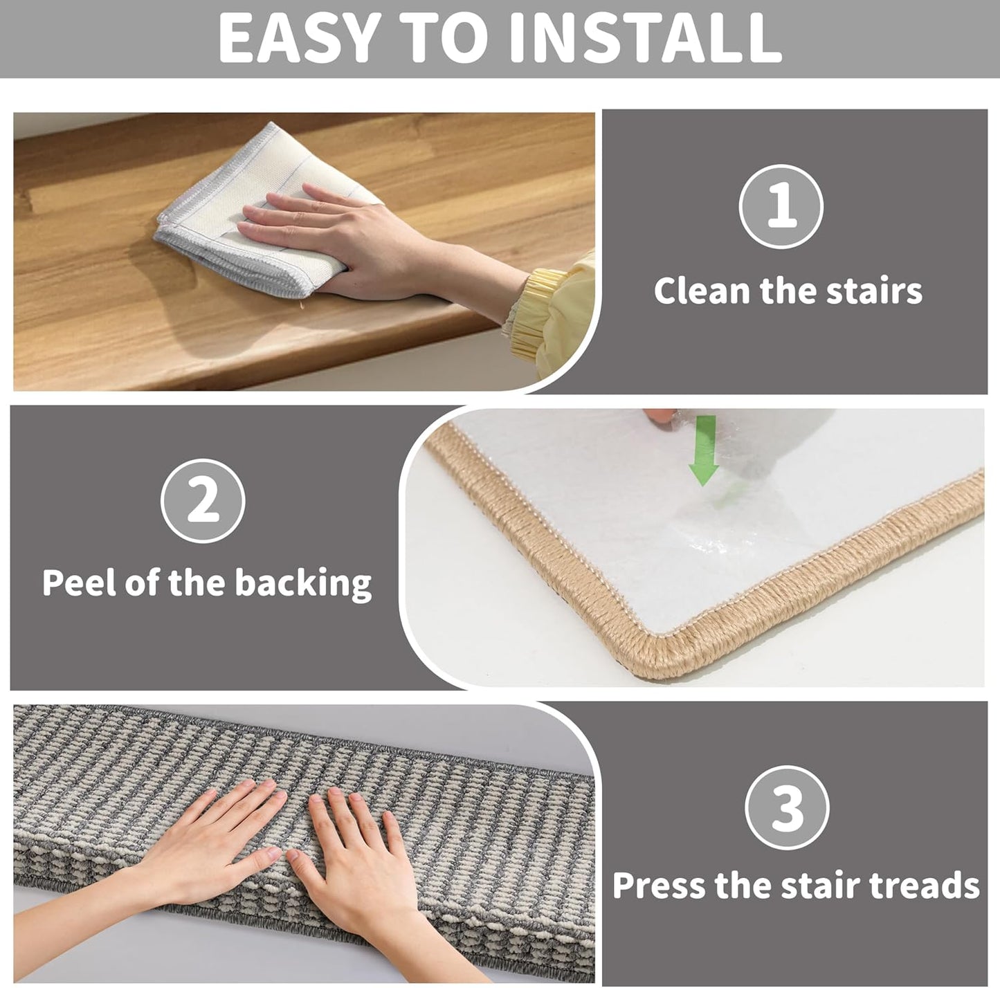 Brakki Bullnose Carpet Stair Treads, Non Slip Stair Treads for Wooden Steps Indoor, Stair Runner, Soft Stair Rugs, Edging Stair Protectors, Washable, 29.5"x9.5"x1.5" 14pcs, Beige