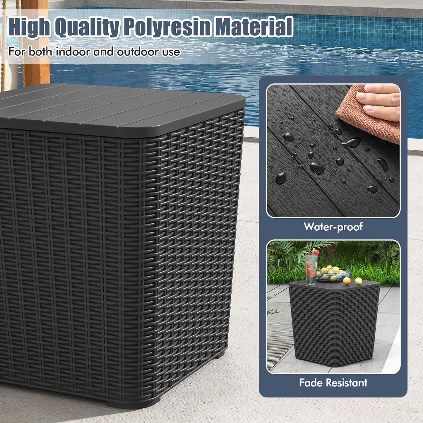 Tangkula 11.5 Gallon Water-proof Deck Box, Outdoor Patio Storage Box w/Removable Lid &, Faux Rattan Storage Container Side Table, All Weather Patio Furniture Extra Seat for Poolside (Brown)