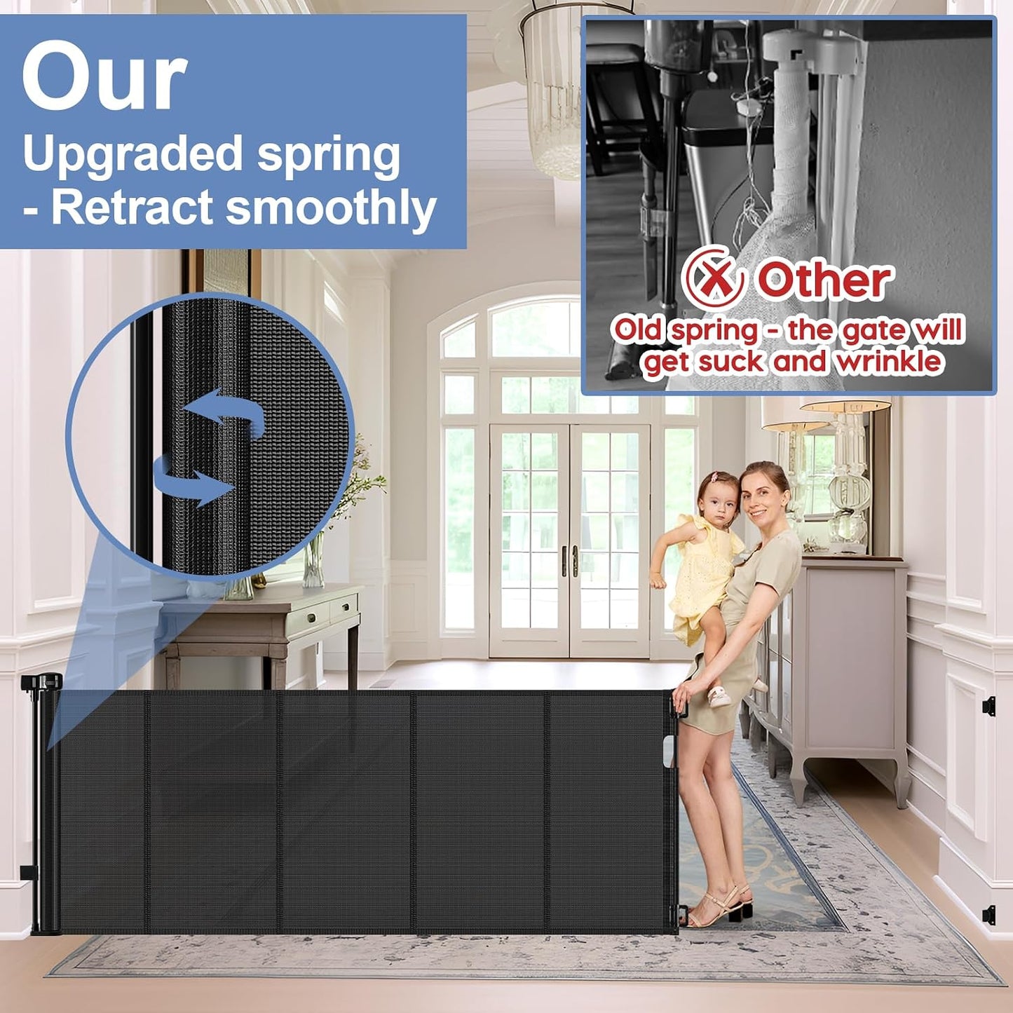 Reinforced Retractable Baby Gates with Support Beam 60" Wide Retractable Dog Gate Indoor Prevent Children and Dogs from Crawling Under Outdoor Dog Gate for Deck Mesh Gates for Kids or Pets, Black