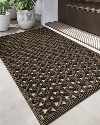DEXI Front Door Mat Outside Entrance Rubber 19x30, Welcome Floor Doormat Heavy Duty Non Slip, Dirt Trapper Waterproof Exterior Entry Mats All Weather for Patio Entryway Drainage, Black