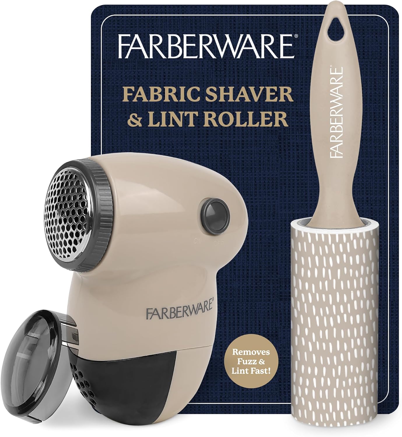 Farberware Fabric Shaver & Lint Remover Set–Battery Operated Sweater Shaver with Triple Blades and Extra Sticky Roller for Pet Hair, Fuzz & Pilling on Clothes, Upholstery & Bedding (Gray/Blue, Small)