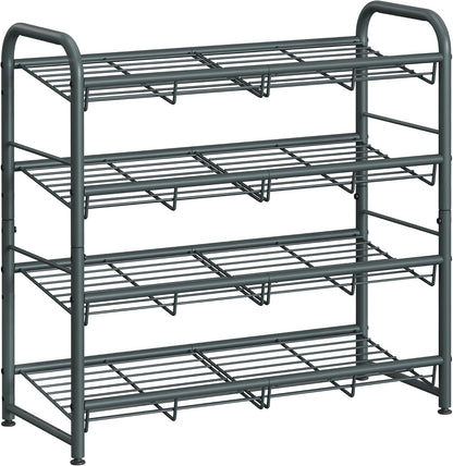 SONGMICS Stackable Shoe Rack, 4 Tier Metal Shoes Rack Storage Shelf, Holds up to 16 Pairs Shoes, Adjustable Slanted Shelves Shoe Tower Organizer for Closet Entryway Small Spaces, Black