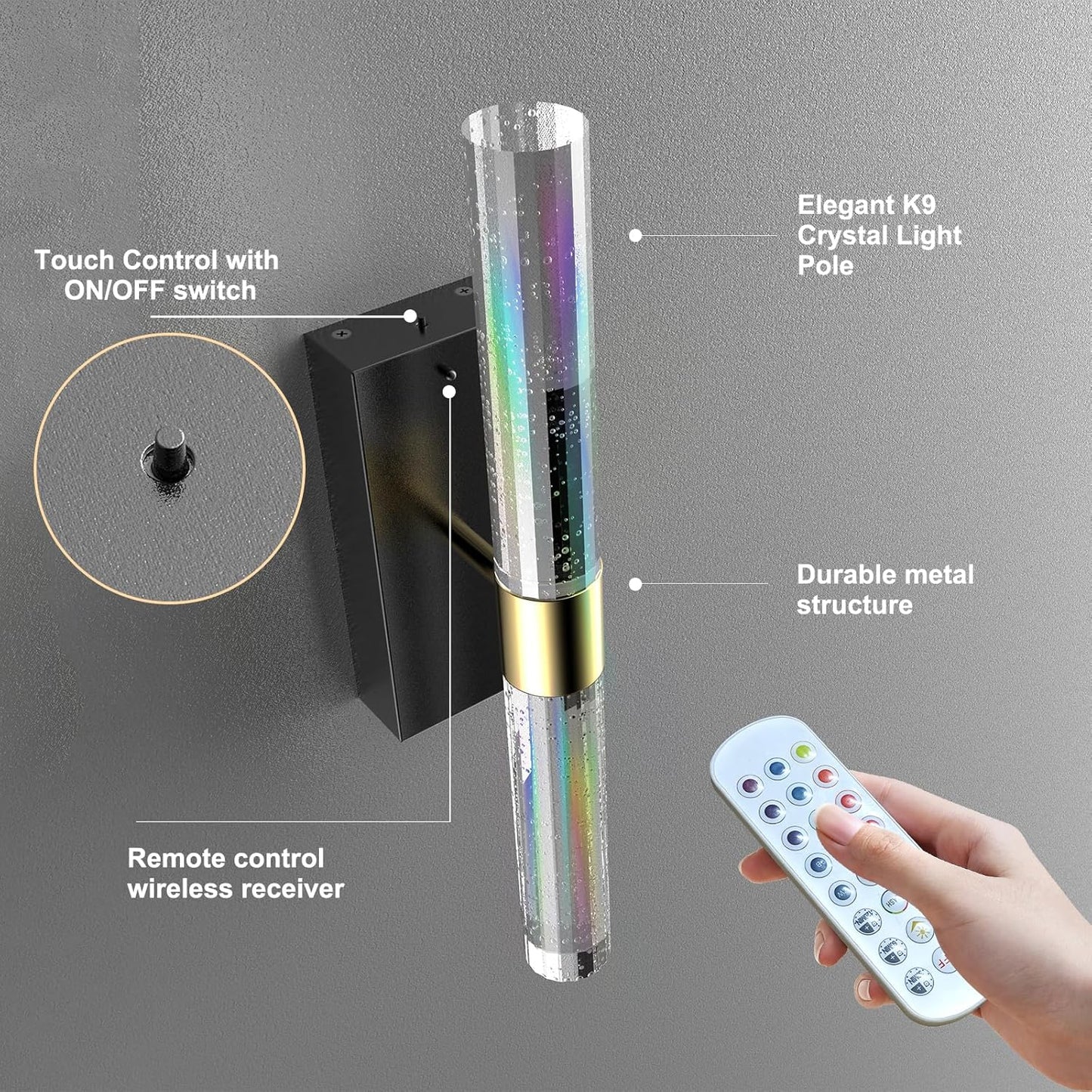 Crystal Battery Operated Wall Sconces Set of 2, Black Rechargeable Wireless Wall Light Fixtures with Remote Control, 3CCT and 12 RGB Dimmable Wall Lamps for Bedroom Living Room Hallway