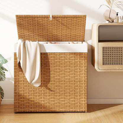 Giantex Laundry Hamper w/Wheels, 3 Section Hamper 125L w/2 Removable Liner Bags, Handwoven Rattan Divided Laundry Basket w/Lid and Handle for Laundry Sorter for Bathroom Bedroom (Brown)