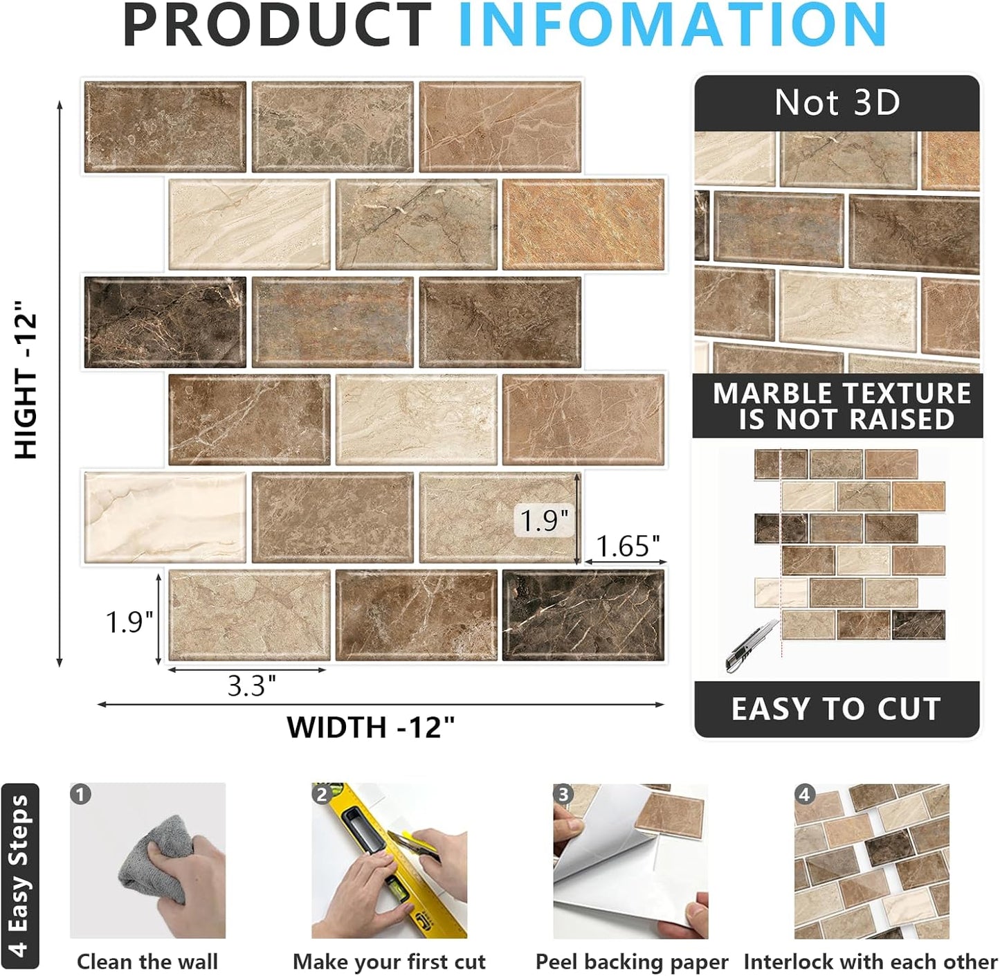URCOLOR 10-Sheet Stick on Backsplash for Kitchen,12"x12" Peel and Stick Self Adhesive Wall Tiles Back Splashes for Bathroom Brown Marble Look