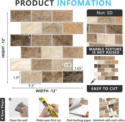 URCOLOR 10-Sheet Stick on Backsplash for Kitchen,12"x12" Peel and Stick Self Adhesive Wall Tiles Back Splashes for Bathroom Brown Marble Look