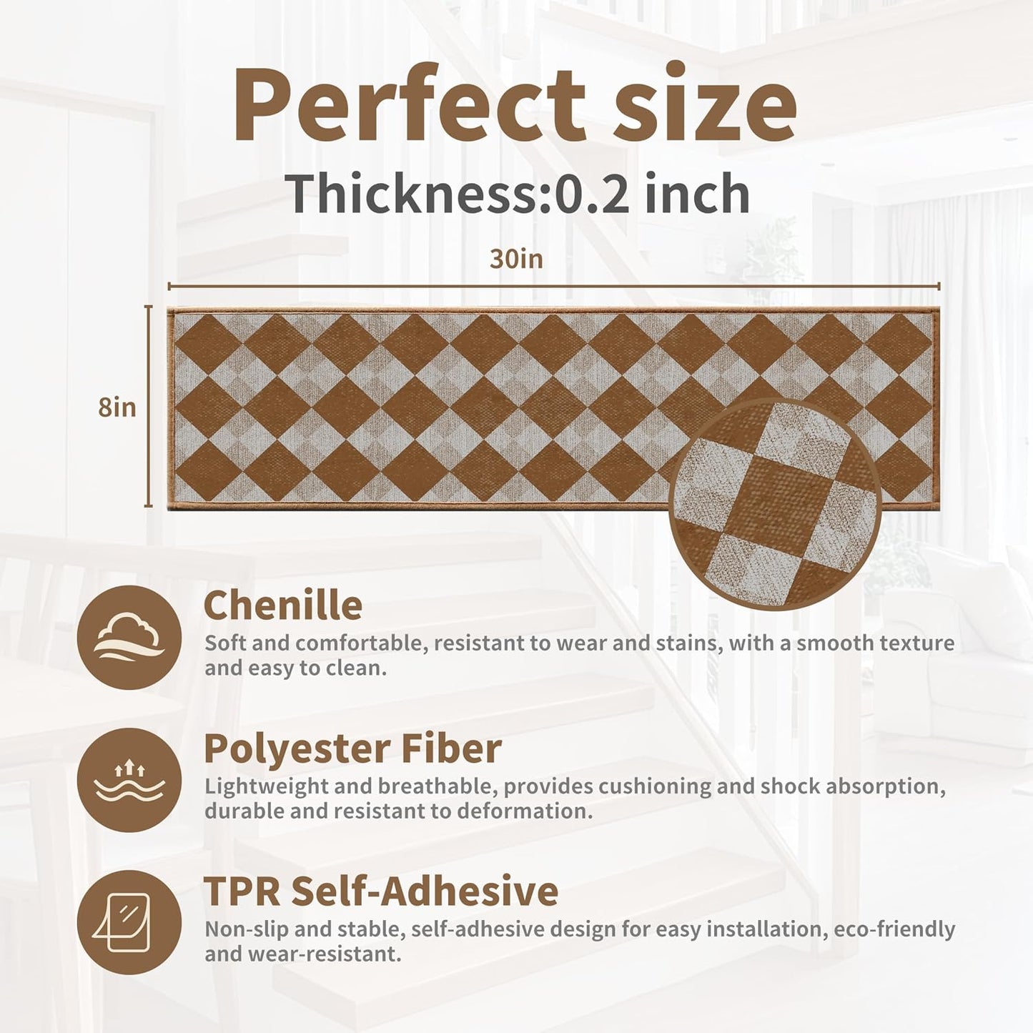 Non-Slip Carpet Stair Treads 15PCS, 8"x30" Peel and Stick Stair Runner for Wooden Steps Indoor, Washable Reusable Adhesive Backing, Pet-Friendly Safety Mats for Kids, Elders, Dogs