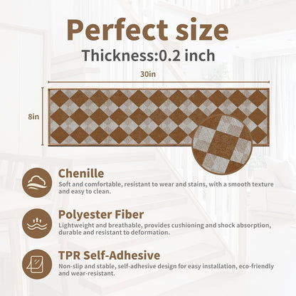 Non-Slip Carpet Stair Treads 15PCS, 8"x30" Peel and Stick Stair Runner for Wooden Steps Indoor, Washable Reusable Adhesive Backing, Pet-Friendly Safety Mats for Kids, Elders, Dogs