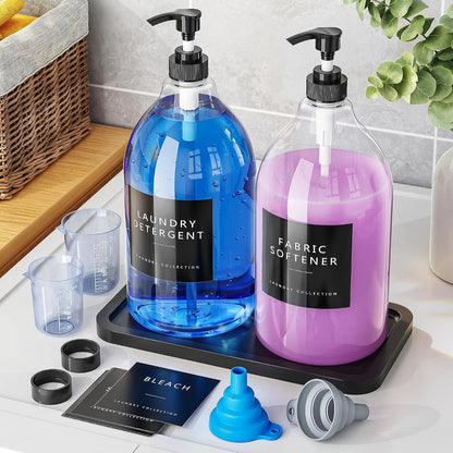 Moforoco 2 Pack Black Liquid Laundry Detergent Dispenser with Bamboo Tray, 64 Oz Plastic Laundry Soap Dispenser, Fabric Softener Dispenser with Pump and Labels for Laundry Room Decor and Organization