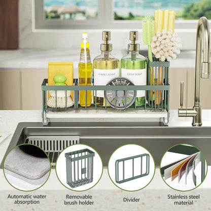 Cisily Extra Large Sink Caddy Organizer with Drying Stone, Black Sponge Holder for Kitchen, Dish Brush Holder for Countertop, Kitchen Decor Storage and Essentials