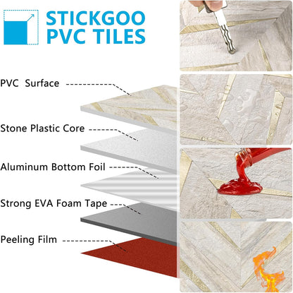 STICKGOO 10-Sheet Herringbone Tile Peel and Stick Backsplash, Beige Mixed Metal Gold PVC Stick on Backsplash, Self Adhesive Wall Tile for Kitchen and Bathroom