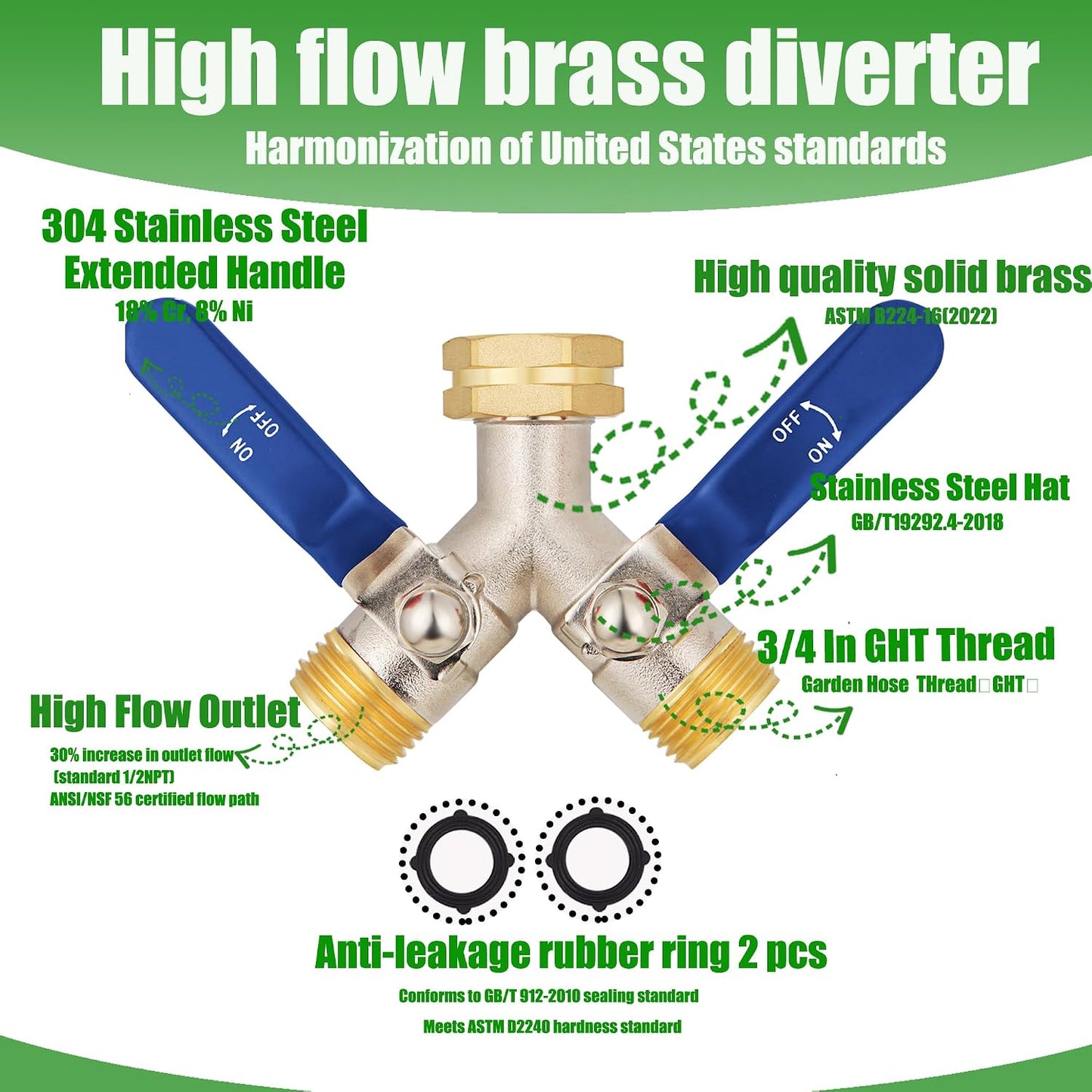 EJW Hose Splitter 2 Way, Garden Hose Splitters, 2 Way Faucet Splitter, Water Spigot Splitter, RV Brass Hose Splitter, Two way Hose Bib Splitter, Double Hose Connector, Hose Valve 3/4 Inch GHT Thread.