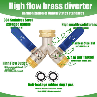 EJW Hose Splitter 2 Way, Garden Hose Splitters, 2 Way Faucet Splitter, Water Spigot Splitter, RV Brass Hose Splitter, Two way Hose Bib Splitter, Double Hose Connector, Hose Valve 3/4 Inch GHT Thread.