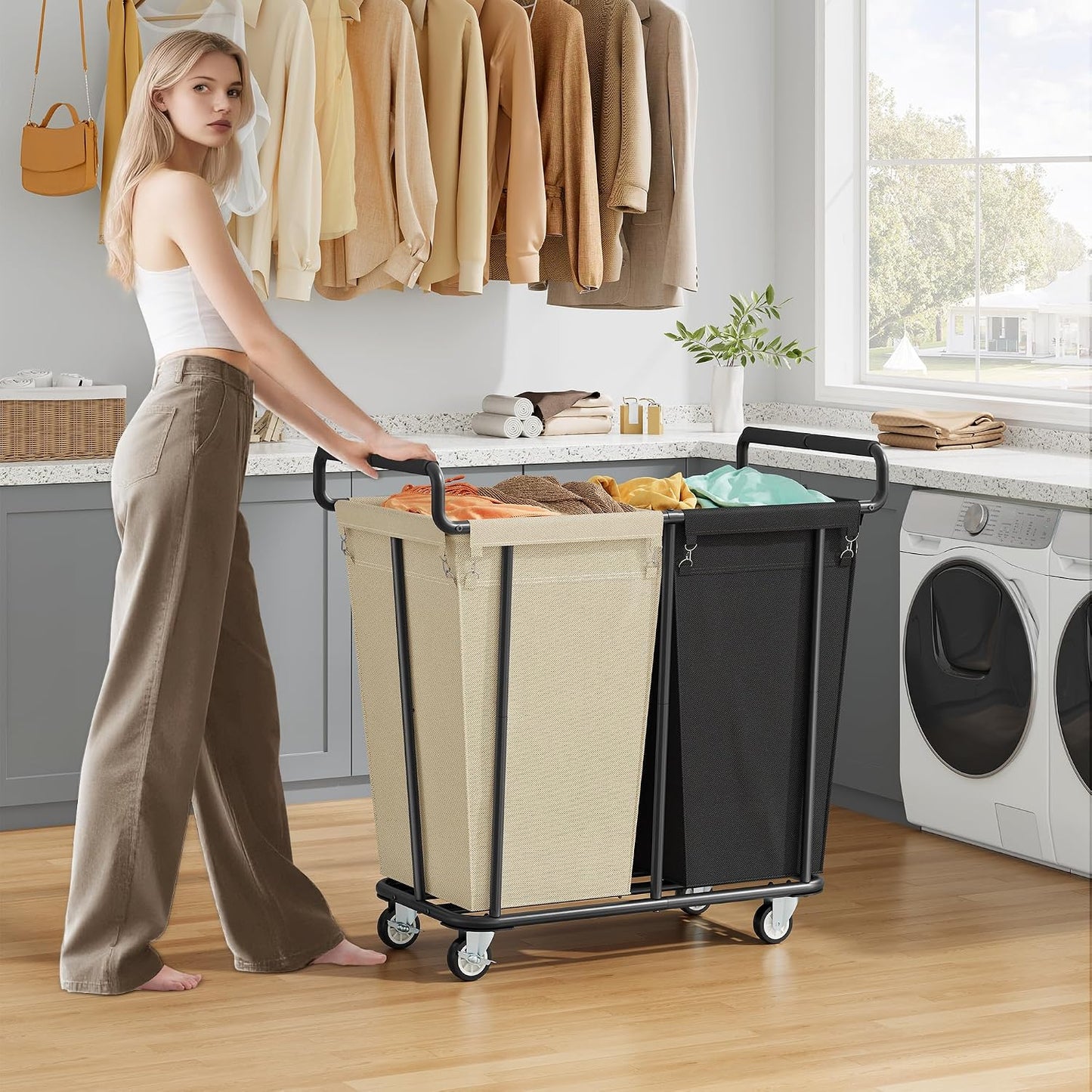 Gewudraw Large laundry hamper with Wheels, 3 Bag Big Rolling Laundry Hamper Sorter Cart, Extra Large Laundry Clothes Hamper, Heavy Duty Laundry Basket Organizer for Laundry Room,Bathroom,Black