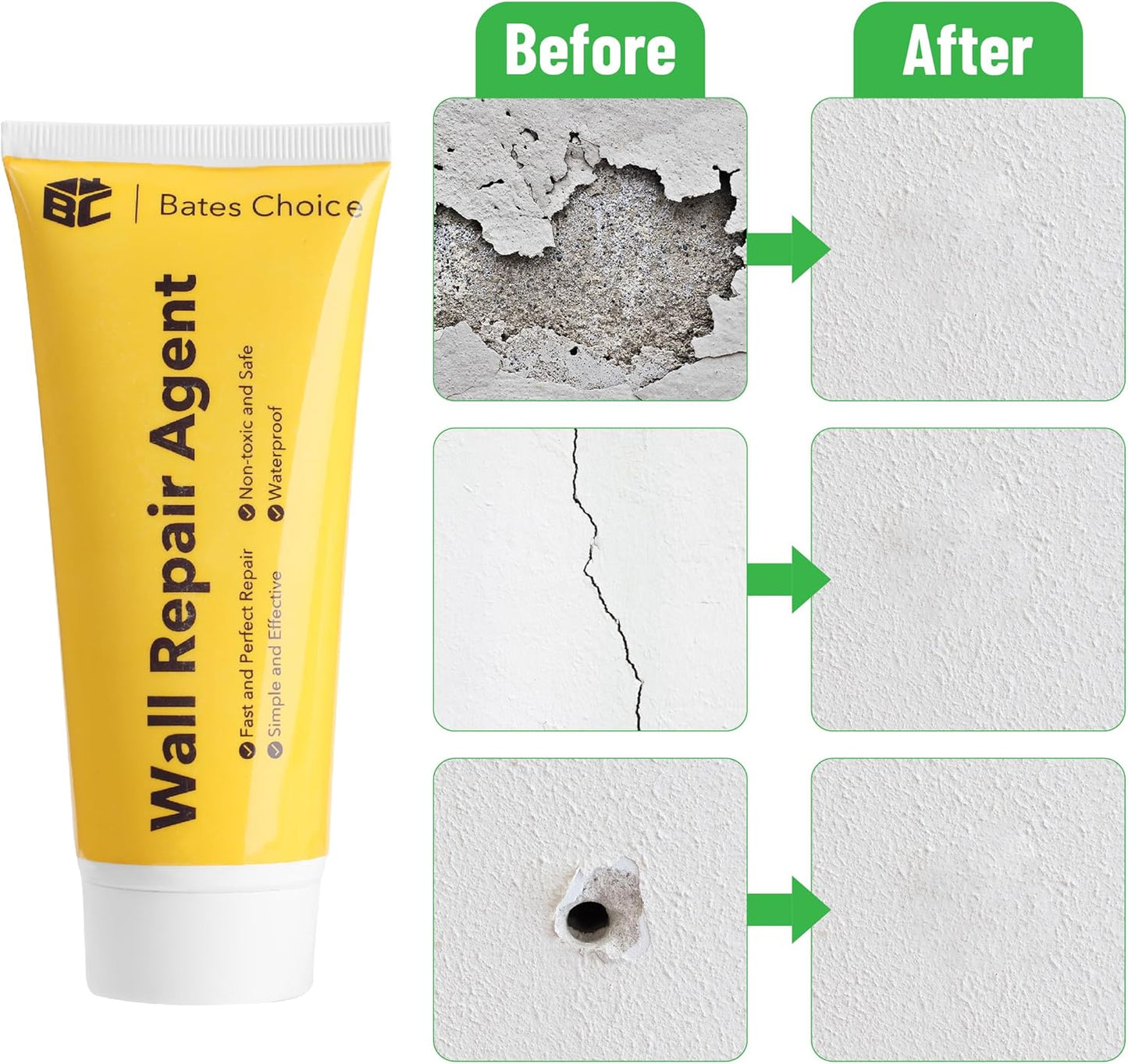 Bates- Drywall Repair Kit, 2 pcs of Wall Spackle Repair Paste(120g Each), Drywall Patch Kit, Spackle for Drywall Hole Filler, Wall Putty Hole Repair, Hole Filler Putty for Walls