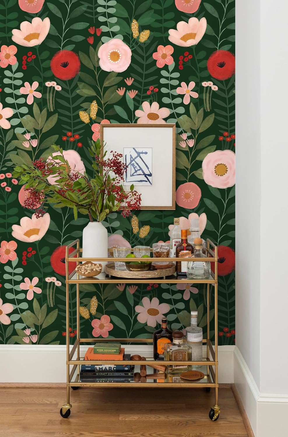 HAOKHOME Floral Peel and Stick Wallpaper Boho Vintage Wall Paper Removable for Bathroom Nursery Beige/Pink/Red Contact Paper 17.3in x 9.8ft