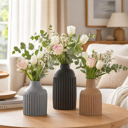 Beige Decorative Vase Set of 3 - Modern Boho Style Ribbed Ceramic Bud Vases for Flowers, Mini Small Vases for Shelf, Shelves, Bookshelf, Entryway Table & Home Decor Aesthetic (Beige White)