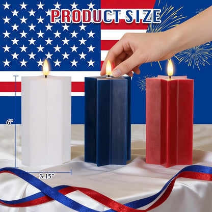 4th of July Flameless Pillar Candles with Remote, Patriotic Red White and Blue Battery Operated Star Shaped LED Pillar Candle Set of 3, Independence Day Decorations for Home Party Table Fireplace